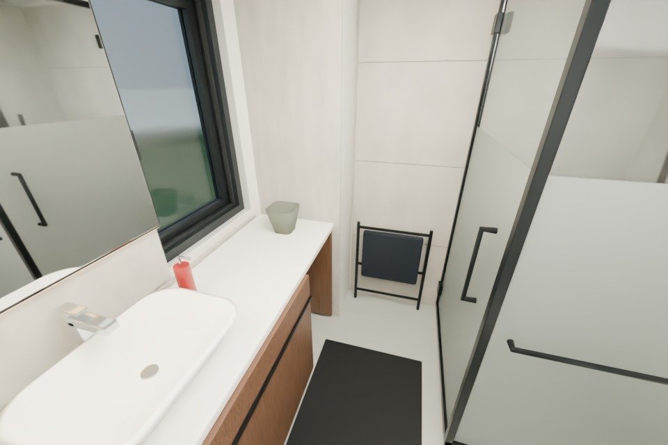 3D-Visualisierung des Badezimmers der MK I mit Waschtisch, Spiegel, Dusche und Dusch-WC