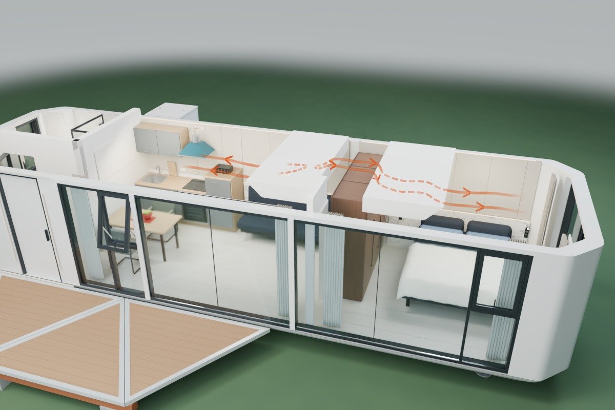 3D-Schnittansicht der MK I von außen mit Blick in Wohnküche und Schlafzimmer sowie schematischen Luftwegen in beide Räume