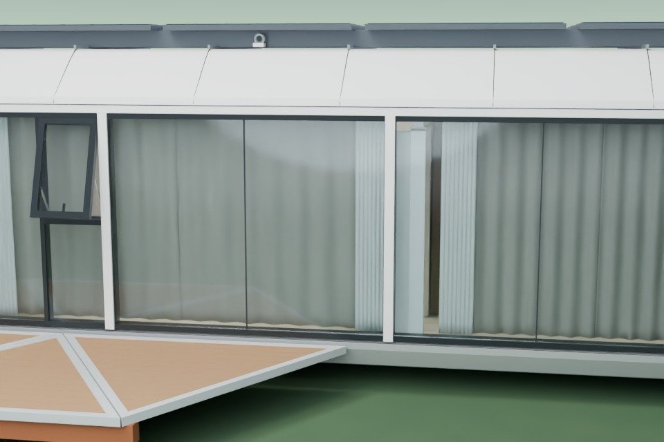 3D-Ansicht der motorisierten dunklen Vorhänge entlang der Fenster der MK I