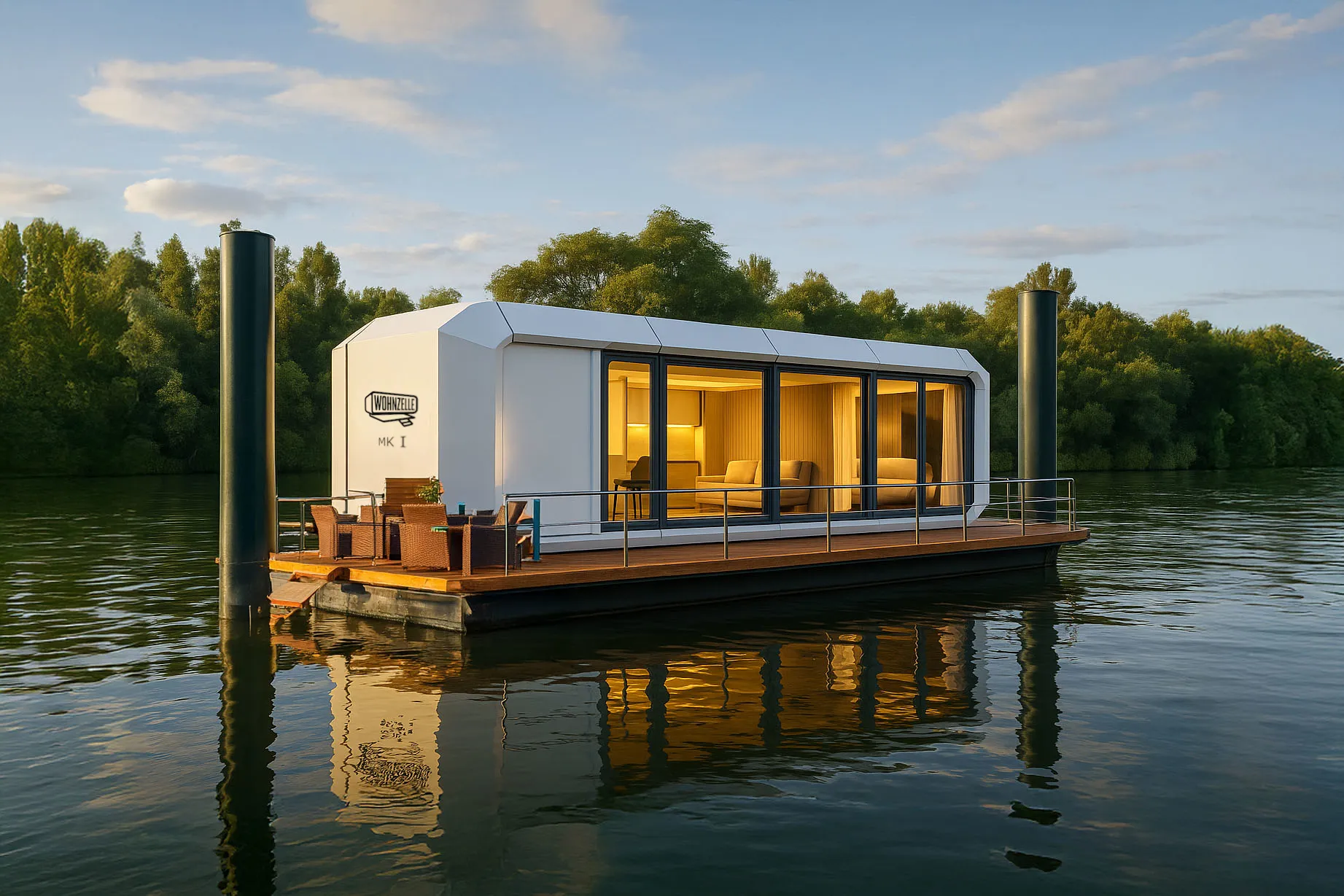 Visualisierung der schwimmenden Wohnzelle MK I DRIFT auf dem Wasser