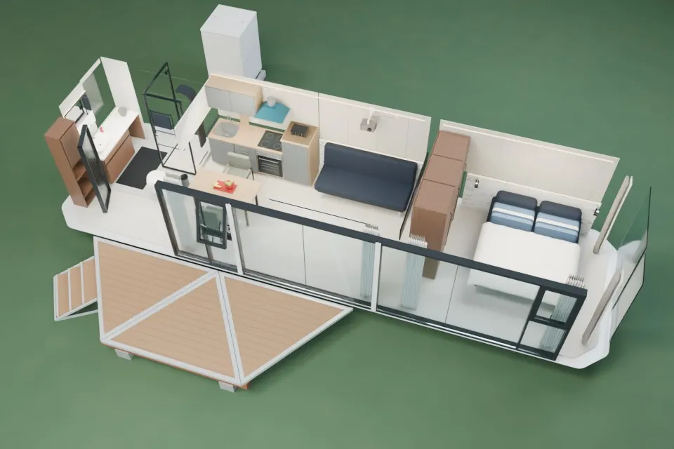 3D-Schnittansicht der Wohnzelle MK I mit Bad, Wohnküche, Schlafzimmer und ausgeklappter Terrasse
