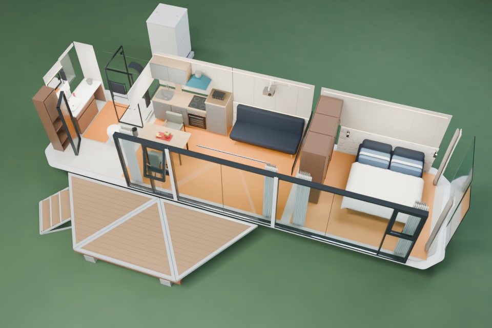 3D-Schnittansicht der MK I mit schematisch hervorgehobenen beheizten Bodenflächen in Wohnküche, Schlafzimmer und Bad