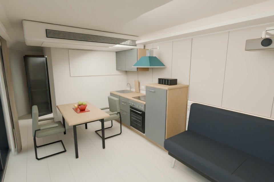 3D-Ansicht der möblierten Wohnküche der MK I mit Sofa, Essplatz und Küche
