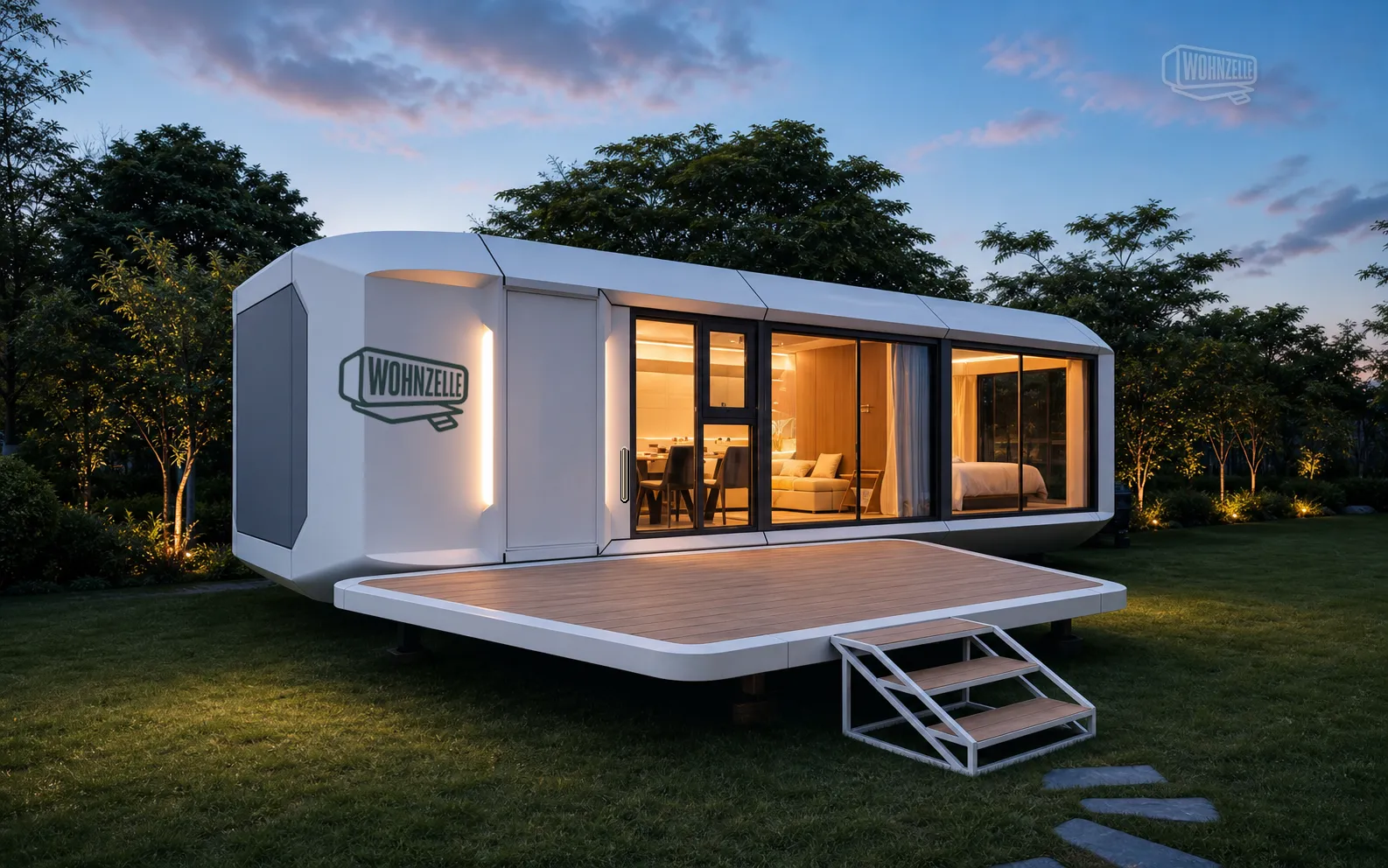 Wohnzelle MK I (V9) mit großer Terrasse und warm beleuchtetem Innenraum in der Abenddämmerung