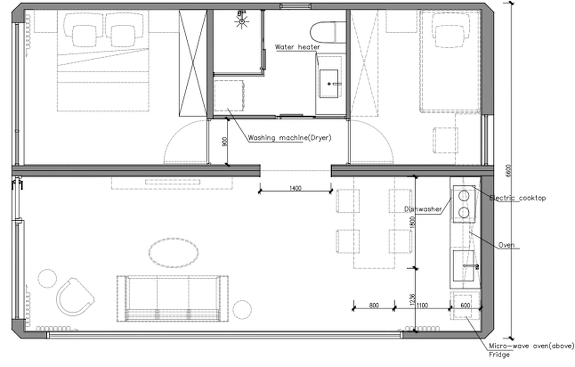 Grundriss der Wohnzelle MK II: Raumaufteilung mit Bemaßung, Außenmaße 11.400 mm × 6.600 mm