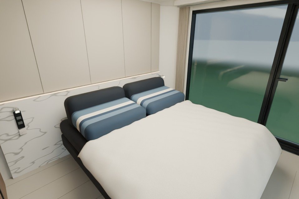 3D-Ansicht des Schlafzimmers der MK I mit Bett und indirekter Beleuchtung