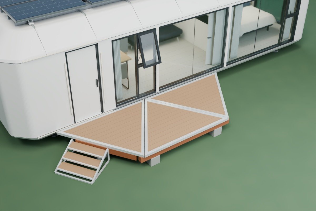 3D-Ansicht der ausgeklappten Terrasse vor der Wohnzelle MK I